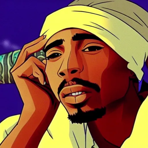 Image similar to Tupac Shakur, screenshot from a 2012s anime