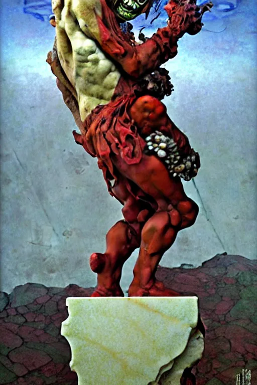 Prompt: Epic and painful view of Evil Clown statue sculpted on white stained marble by Bernini and kris kuksi, Wayne Barlowe, Maxfield Parrish, Mucha and Artem Demura