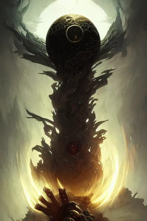 Image similar to Black Orb of Fire, digital art, fantasy, magic, trending on artstation, illustration by Seb McKinnon and Peter Mohrbacher, ultra detailed, atmospheric, powerful presence, bossfight