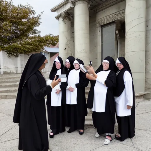 Image similar to group of nuns taking a selfie with a selfiestick, statue of david