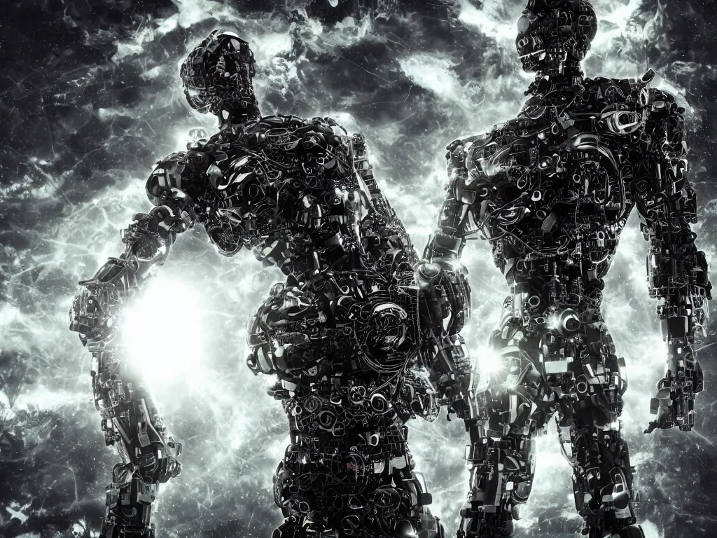 Prompt: highly detailed amazing photo of cyborg made of dark matter in gloomy technologic landscape