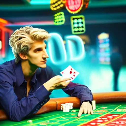 Image similar to film still of xqc gambling in Vegas, 4k, photorealism, artstation style