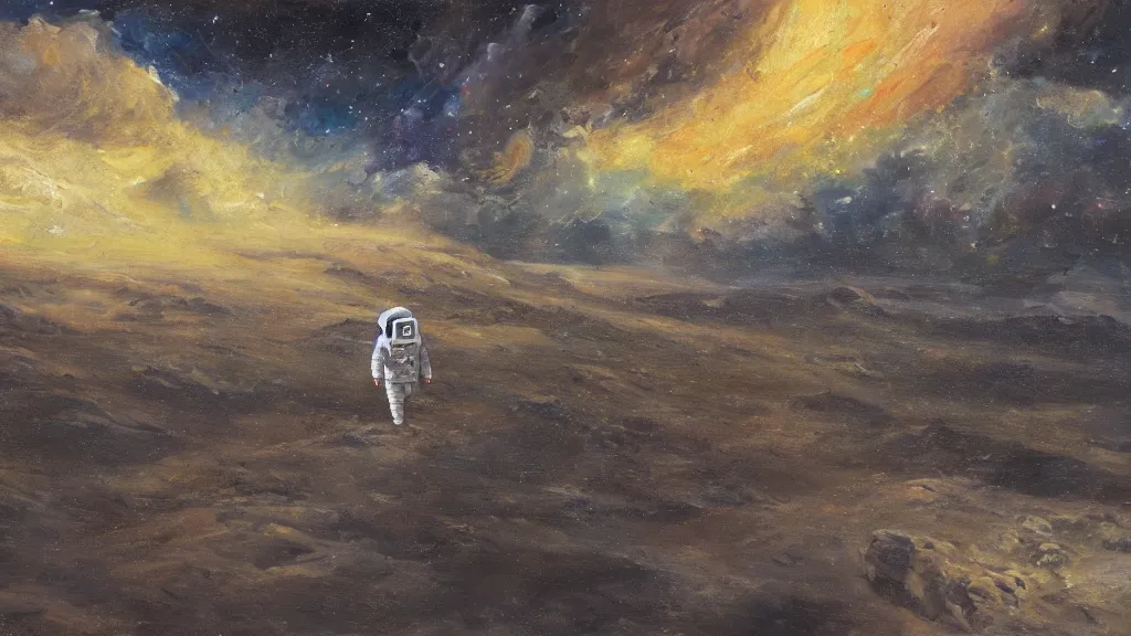 Image similar to an astronaut among goliaths in a landscape, oil on canvas, painting, 4k, wide shot