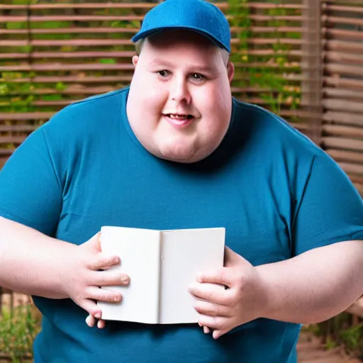 Image similar to very obese man with a t-shirt and a cap with the letter P, dedicating a book