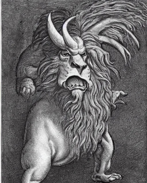 Image similar to a creature with the body and eyes of a man, with the beak of an eagle, the mane of a lion, and the horns of an ox. drawn by francis bacon