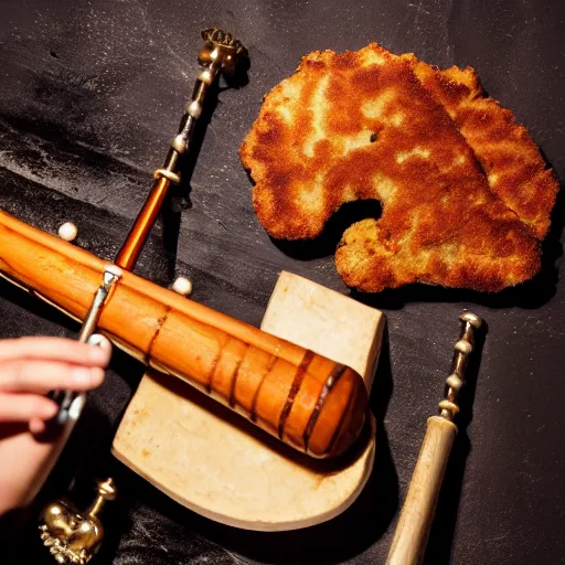 Prompt: photo of a schnitzel holding a flute and drumming with it, drum set, night club, spot light, 50mm, beautiful photo