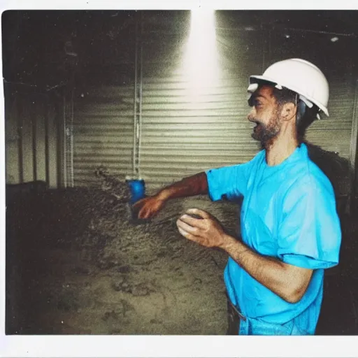 Image similar to a polaroid photo of man doing sort things into sort machines in warehouse, he's wearing blue cloth and construction hat,, photo from behind, highly details, perfect face shape, cinematic lighting,