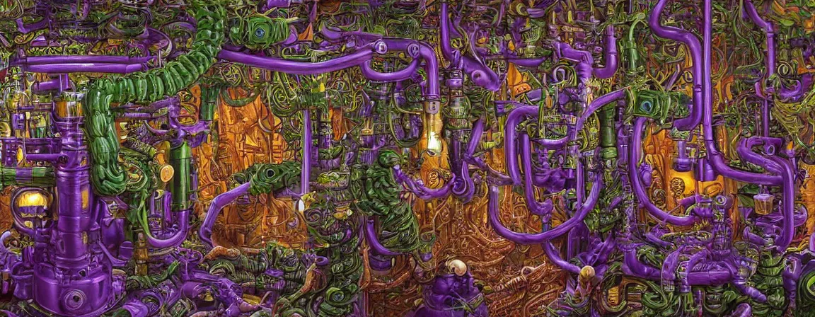 Image similar to a densely packed machine apparatus for making snake oil, huge copper machine with fine purple and green intricate pipework, art by jacek yerka, and ed roth, directed by denis villeneuve, cinematography by robby muller, fine detail, kodachrome 8 k, snake machine