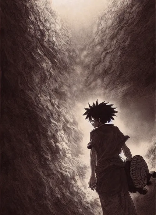 Image similar to luffy, anime, manga, epic scene, photorealistic, highly detailed, texture, soft light, dramatic, moody, ambient, painting by gustave dore