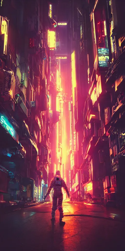 Prompt: professional photo of astronaut on cyberpunk street from low angle shot, synthwave, blade runner, hyperrealistic masterpiece, trending on artstation, cgsociety, kodakchrome, golden ratio, cinematic, composition, beautiful lighting, hyper detailed, sharp focus, octane render, 4 k, unreal engine