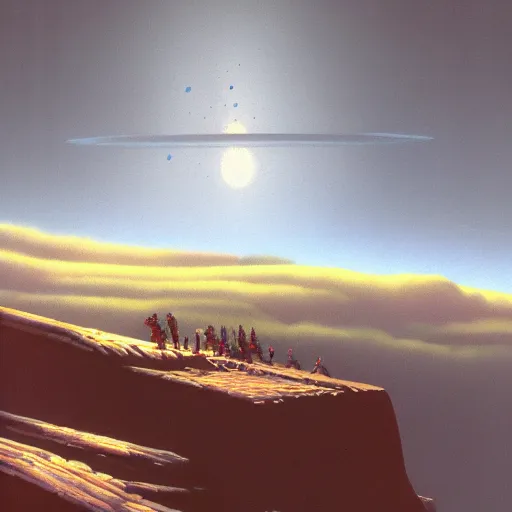 Image similar to Frozen frontiers on an alien planet, floating mountains above clouds in the background, vanishing perspective of a road, ravine, Syd Mead, John Harris, Federico Pelat,