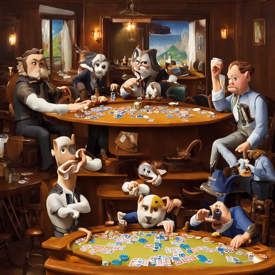Prompt: beautiful studio photograph of a surrealist assemblage of skye and marshall and chase from paw patroll playing poker in a saloon, sculpted by ron mueck and matthew barney and rene magritte, hysterical realism intense cinematic lighting shocking detail 8 k