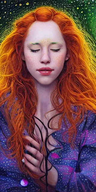 Image similar to infp young woman, smiling amazed, golden fireflies lights, sitting in the midst of nature fully covered, long loose red hair, intricate linework, bright accurate green eyes, small nose with freckles, oval shape face, realistic, expressive emotions, dramatic lights spiritual scene, hyper realistic ultrafine art by michael cheval, jessica rossier, boris vallejo