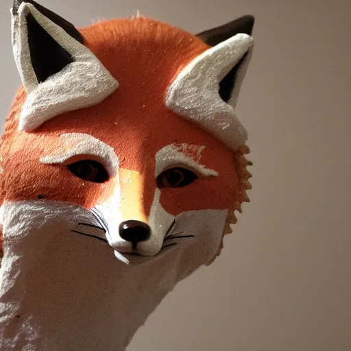 Image similar to a taxidermized fox with a human face, in a museum, 8 5 mm lens, 7 0 mm entrance pupil diameter