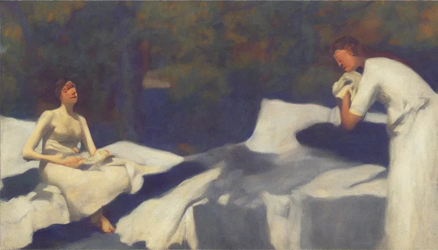 Prompt: an ethereal dream of a woman floating by edward hopper and steven outram, hd, 8 k