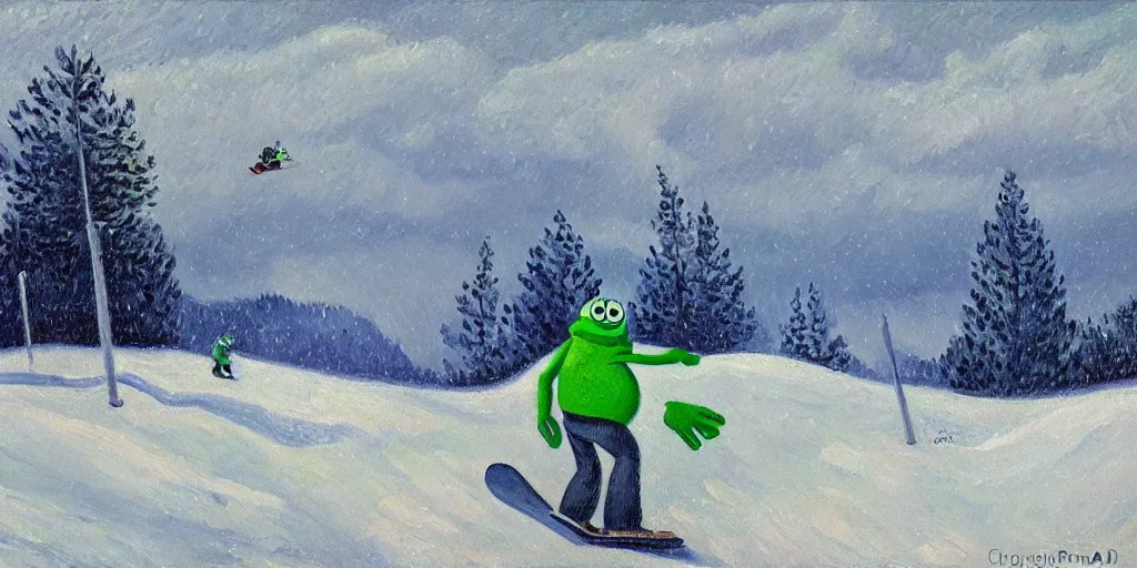 Image similar to pepe the frog snowboarding, gloomy landscape, expressive oil painting by christopher radlund and camille pissaro