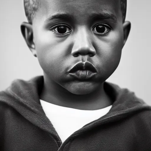 Prompt: the face of kanye west at 5 years old, portrait by julia cameron, chiaroscuro lighting, shallow depth of field, 8 0 mm, f 1. 8