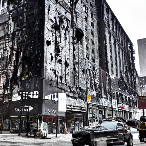 Prompt: apocalyptic new york, buildings covered in black tar, black gooey tar on buildings, black goo everywhere