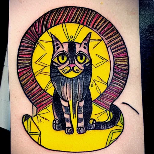 Image similar to tattoo sketch of a cat hugging the sun, on a yellow paper, byzantium ornament, tribal