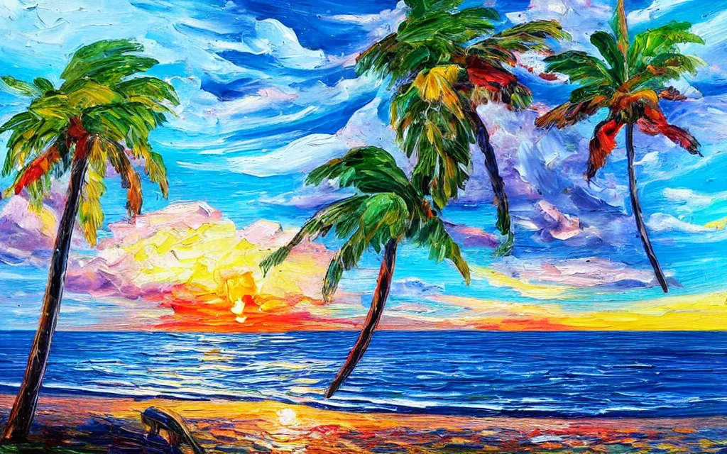 Image similar to in a big sea is a small island with a cute cozy cottage on it and a paved courtyard with benches and string lights, palm trees, sunset, puffy clouds, dramatic and dynamic lighting, thick brush strokes oil impasto painting