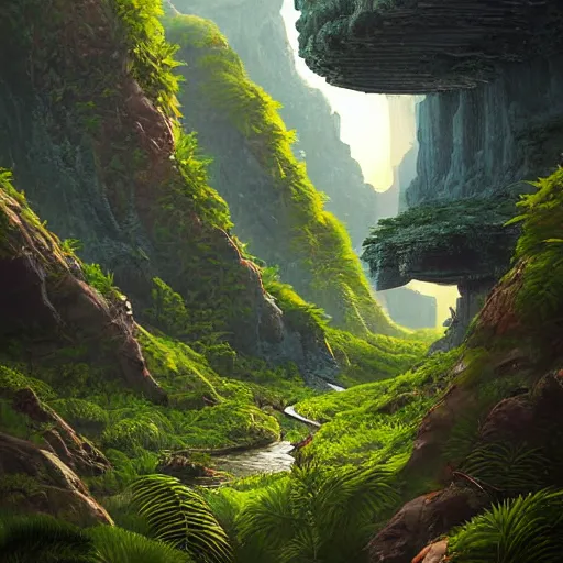 Prompt: digital art of a lush natural scene on an alien planet by mike beeple winklemann. extremely detailed. science fiction. beautiful landscape. weird vegetation. cliffs and water.