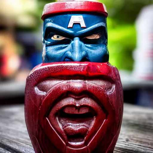 Image similar to a closeup photorealistic photograph of a glossy captain america style tiki mug sitting at an outdoor trader vic's bar featuring captain america's face. tiki theme. bright scene. fine detail. this 4 k hd image is trending on artstation, featured on behance, well - rendered, extra crisp, features intricate detail, epic composition and the style of unreal engine.