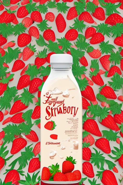 Prompt: a hyperdetailed exquisite delicate strawberry and floating milk fluid poster, milk is floating in the sky fight with strawberries, the milk is not in the bottle, top milk brands, 4 k hd wallpaper illustration, package cover, golden curve composition