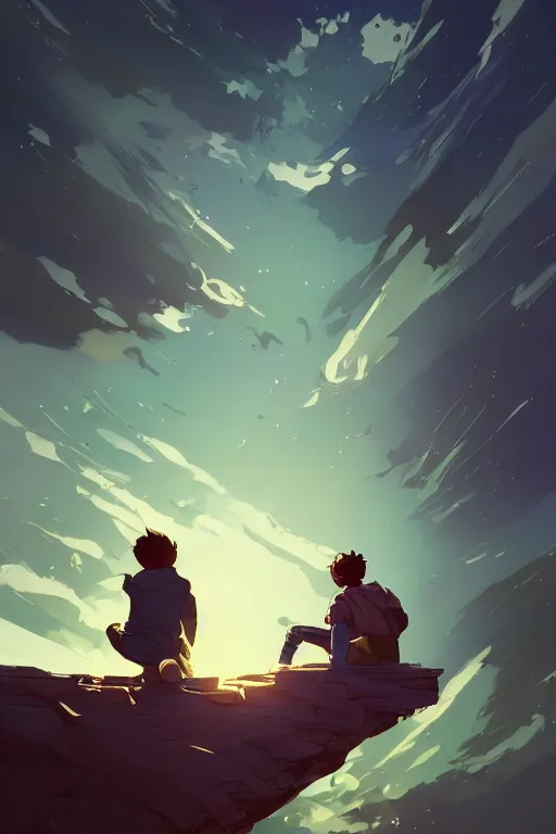 Prompt: a boy looking up into the sky seeing an anxious reflection of himself behance hd artstation by jesper ejsing, by rhads, makoto shinkai and lois van baarle, ilya kuvshinov, ossdraws, that looks like it is from borderlands and by feng zhu and loish and laurie greasley, victo ngai, andreas rocha