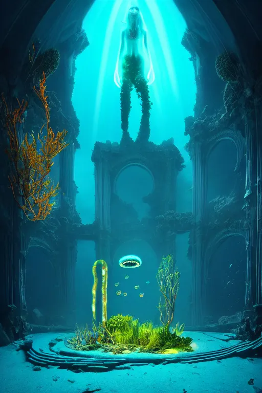Prompt: high quality photo of cinematic underwater dystopian cyber - gothic cathedral ruins with giant bioluminescent colorful mutant plants and cyborg jellyfish, digital art masterpiece, aykut aydogdu eric zener, dramatic volumetric light, extreme long shot, ground angle uhd 8 k, sharp focus