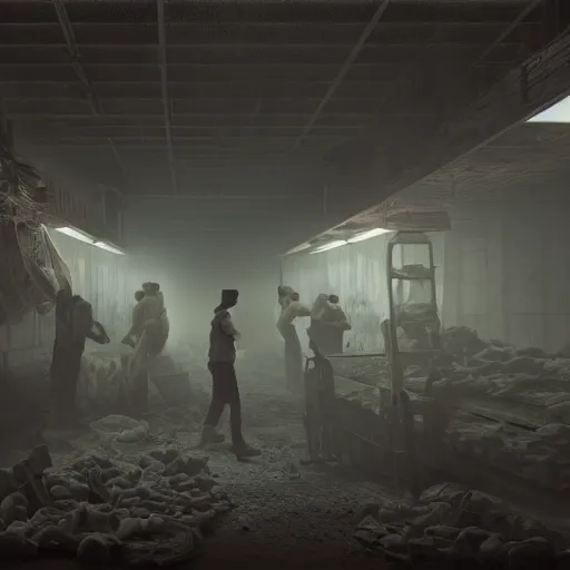 Prompt: forced labour odyssey under fluorescent light hell, advanced, photorealistic, realistic, dramatic lighting, in the style of stefan bakałowicz, 8 k resolution