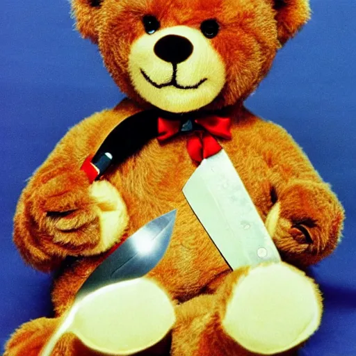 Prompt: teddy bear holding a knife as a 1 9 6 0 s movie poster