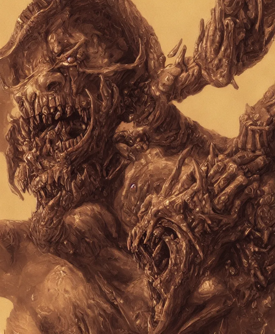 Image similar to bust portrait close up devil with skull on hand, illustrated by Simon Stålenhag and Gaston Bussiere, intricate, ultra detailed, photorealistic, trending on artstation