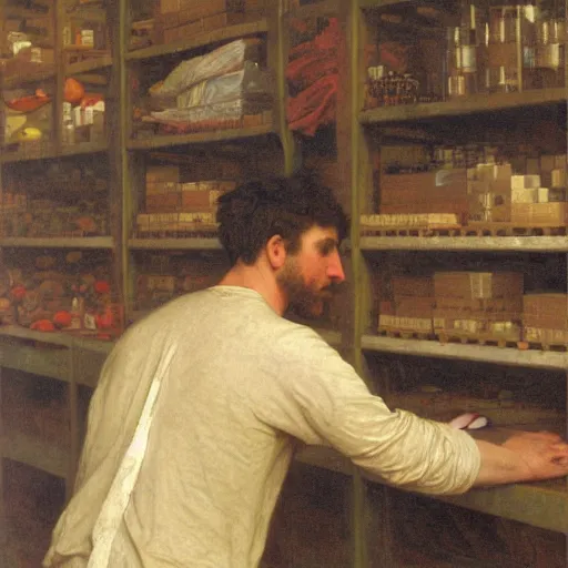 Image similar to an oil painting of an man working in warehouse he doing sorting package, view from back, by Bouguereau, highly detailed and intricate, 1500,