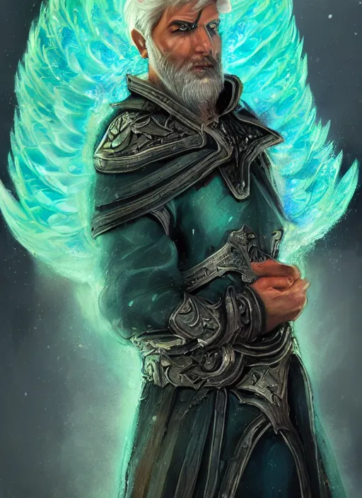 Image similar to An epic fantastic realism comic book style portrait painting of an aasimar hexblade warlock, teal electricity, male, grand angel wings, silver hair, short beard, embers falling, D&D Concept Art, unreal 5, DAZ, hyperrealistic, octane render, cosplay, RPG portrait, dynamic lighting