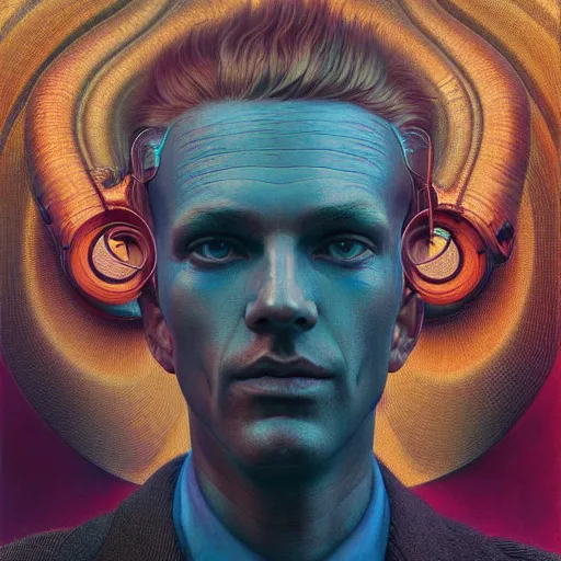Image similar to realistic extremely detailed portrait painting of an average man , retro futuristic , by beeple,Jean Delville, Amano, Yves Tanguy, Alphonse Mucha, Ernst Haeckel, Edward Robert Hughes, Roger Dean, rich psychedelic moody colors, blue eyes,octane render,4k.f32