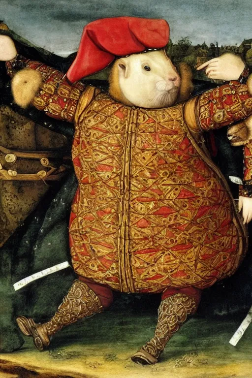 Image similar to Henry VIII riding a giant hamster into battle, water color, painted by Cornelis Anthonisz, 16th century,