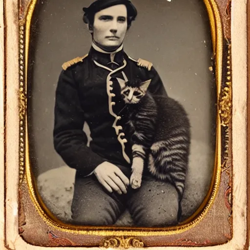 Prompt: a daguerreotype of a man in uniform, holding a kitten.