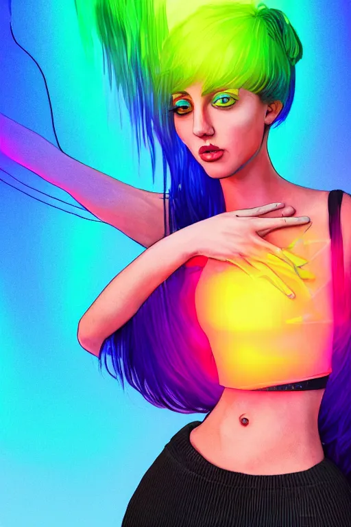 Image similar to a award winning half body portrait of a beautiful woman with stunning eyes in a croptop and cargo pants with rainbow colored ombre hairstyle head in motion and hair flying by thomas danthony, surrounded by whirling illuminated neon lines, outrun, vaporware, shaded flat illustration, digital art, trending on artstation, highly detailed, fine detail, intricate