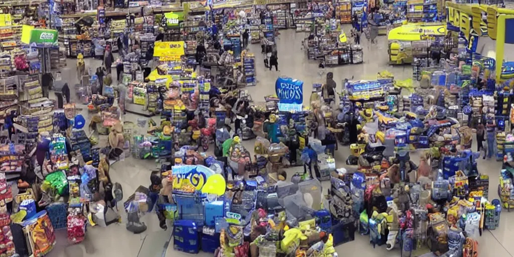 Image similar to a highly detailed photo of aliens fighting with Walmart customers, hilarious