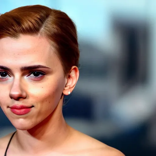 Image similar to a woman who is a genetic combination of scarlett johansson and emma watson face and upper - body focus