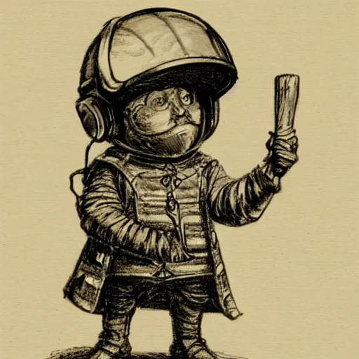 Image similar to sketch of a cute chibi dnd gnome inventor tinkerer wearing a daft punk helmet, walking cautiously, etching by louis le breton, 1 8 6 9, 1 2 0 0 dpi scan