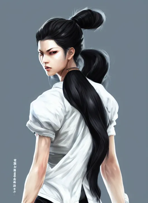 Image similar to a highly detailed illustration of fierce tall amazon messy ponytail black haired one armed delinquent japanese woman wearing white cap wearing long white jacket with cape, powerful imposing pose, muscular, perfect face, intricate, elegant, highly detailed, centered, digital painting, artstation, concept art, smooth, sharp focus, league of legends concept art, wlop.