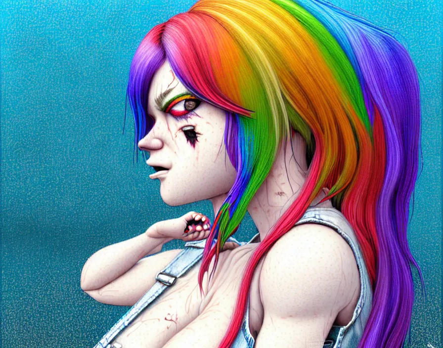Prompt: richly detailed colored pencil 3D illustration of a grungy woman with rainbow hair, drunk, angry, soft eyes and narrow chin, dainty figure, long hair straight down, torn overalls, basic white background, side boob, in the rain, wet shirt,. mirrored background with completely rendered reflections, art by Range Murata and Artgerm.