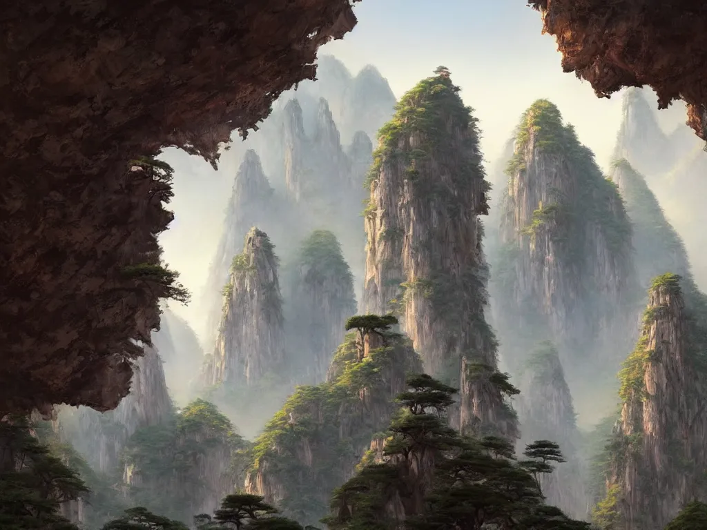 Image similar to landscape of huangshan with floating karst pillars in china with complex and immense buddisht temples sitting on hilltops, artwork by federico pelat, andreas rocha, greg rutkowski, artstation, scifi, hd, wide angle, view from inside a grotto