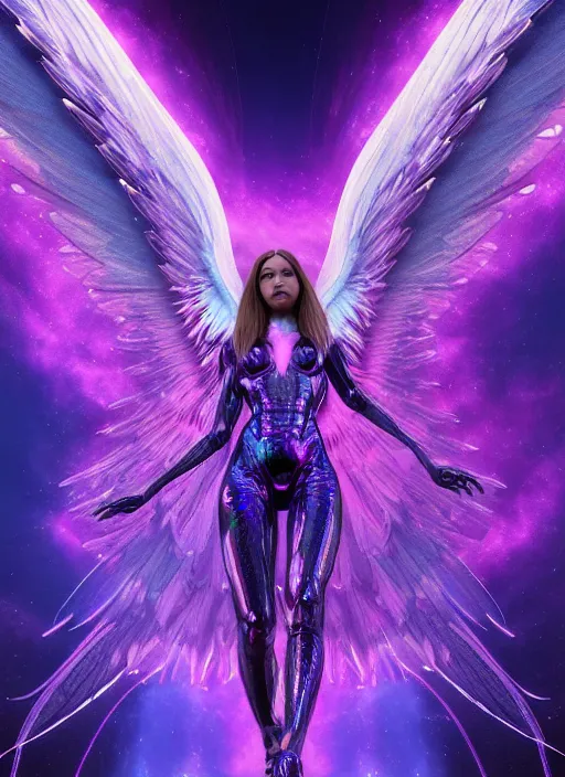 Prompt: a photo of 8 k ultra realistic female archangel with 6 wings, full body, intricate purple and blue hard surfaces, futuristic, science fiction themes, highly saturated colors, holographic undertones, overdetailed art, concept art, detailed illustration, hd, 4 k, octane rendered