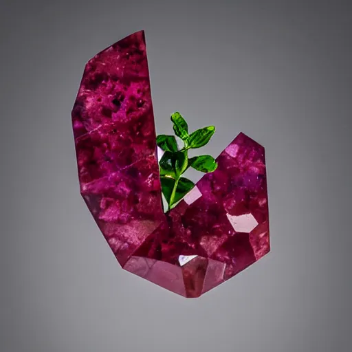 Prompt: a plant growing a polished cut ruby gemstone