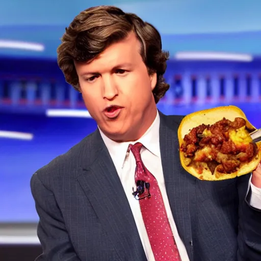 Prompt: tucker carlson eating a fully loaded baked potato