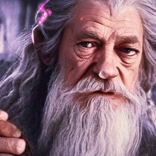 Prompt: portrait of gandalf with a pink bowtie on his head, holding a blank playing card up to the camera, movie still from the lord of the rings