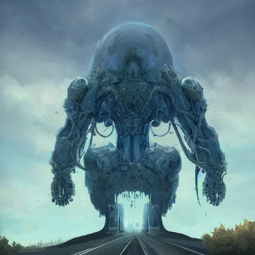 Image similar to a digital painting of a gigantic big enormous humanoid monster standing in the sky, concept art by simon stalenhag and peter mohrbacher cgsociety, vanitas, ominous, lovecraftian, speedpainting, apocalypse art. high angle shot. mist. unreal engine. hyper - realistic. photo realistic. octane render. detailed masterpiece. extreme wide shot.