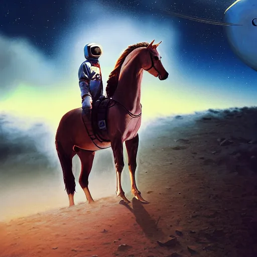 Image similar to a horse on top of a man, the astronaut is carried by the horse, hyperrealism, no blur, 4 k resolution, ultra detailed, style of ron cobb, adolf hiremy - hirschl, syd mead, ismail inceoglu, rene margitte